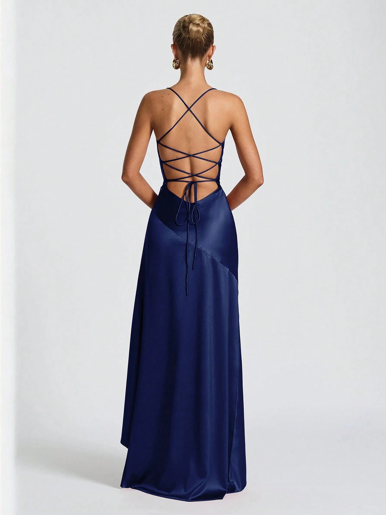 Elegant Navy Blue Sheath Halter Neck Spaghetti Strap Lace-Up Back Satin Ruffled Slit Floor-Length Prom Dress