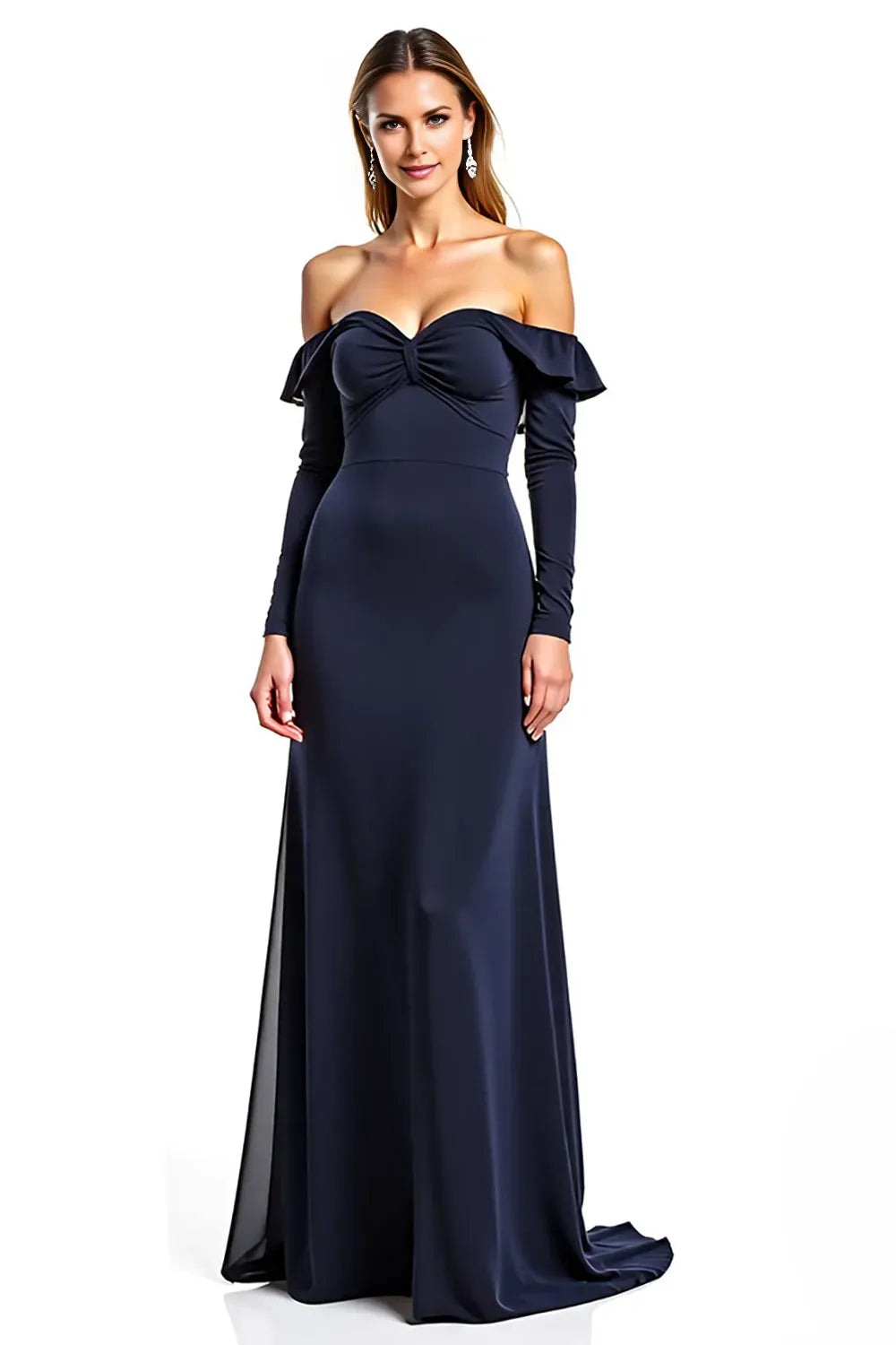 Elegant Navy Blue Sweetheart Off-Shoulder Ruffle Long Sleeve Mother of the Bride Dress hot sale