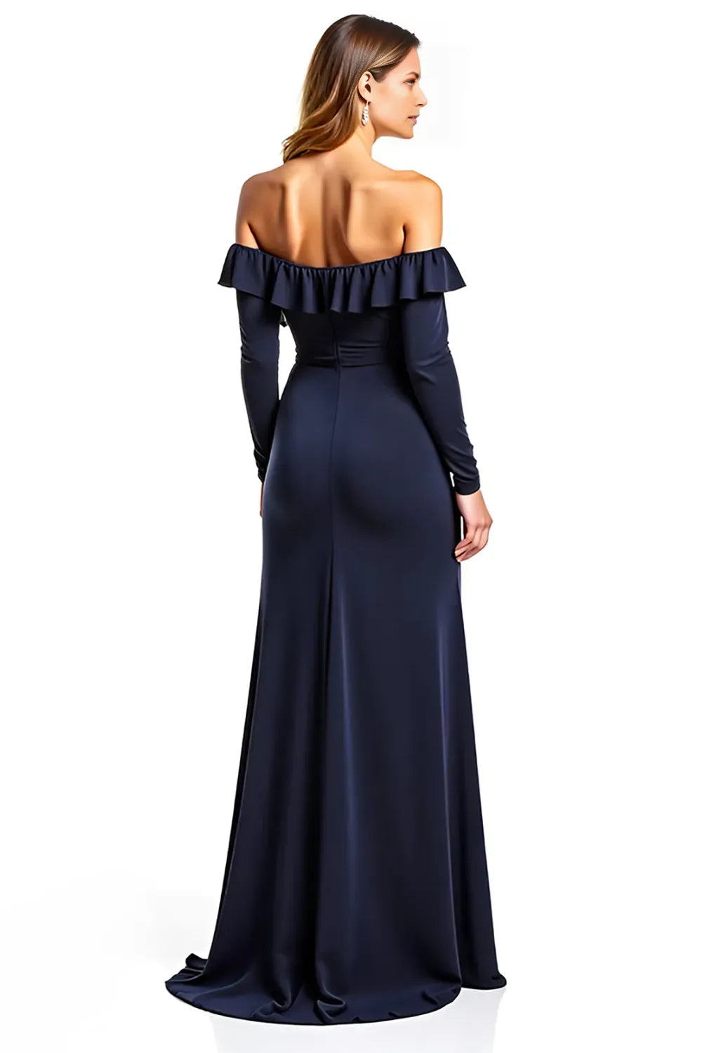 Elegant Navy Blue Sweetheart Off-Shoulder Ruffle Long Sleeve Mother of the Bride Dress hot sale