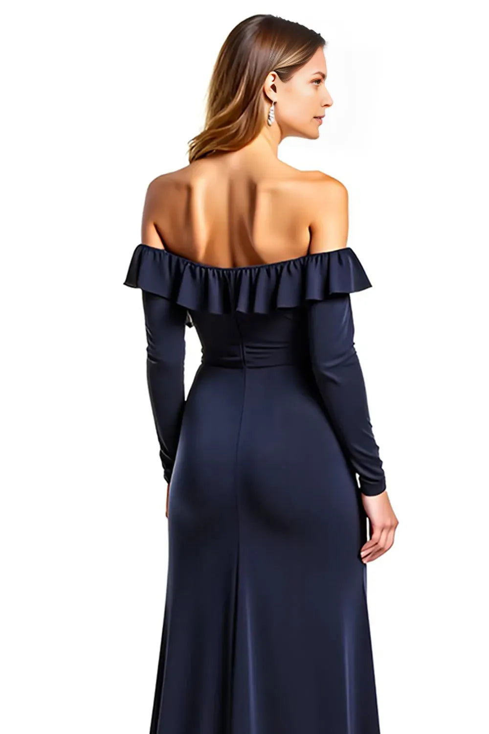 Elegant Navy Blue Sweetheart Off-Shoulder Ruffle Long Sleeve Mother of the Bride Dress hot sale