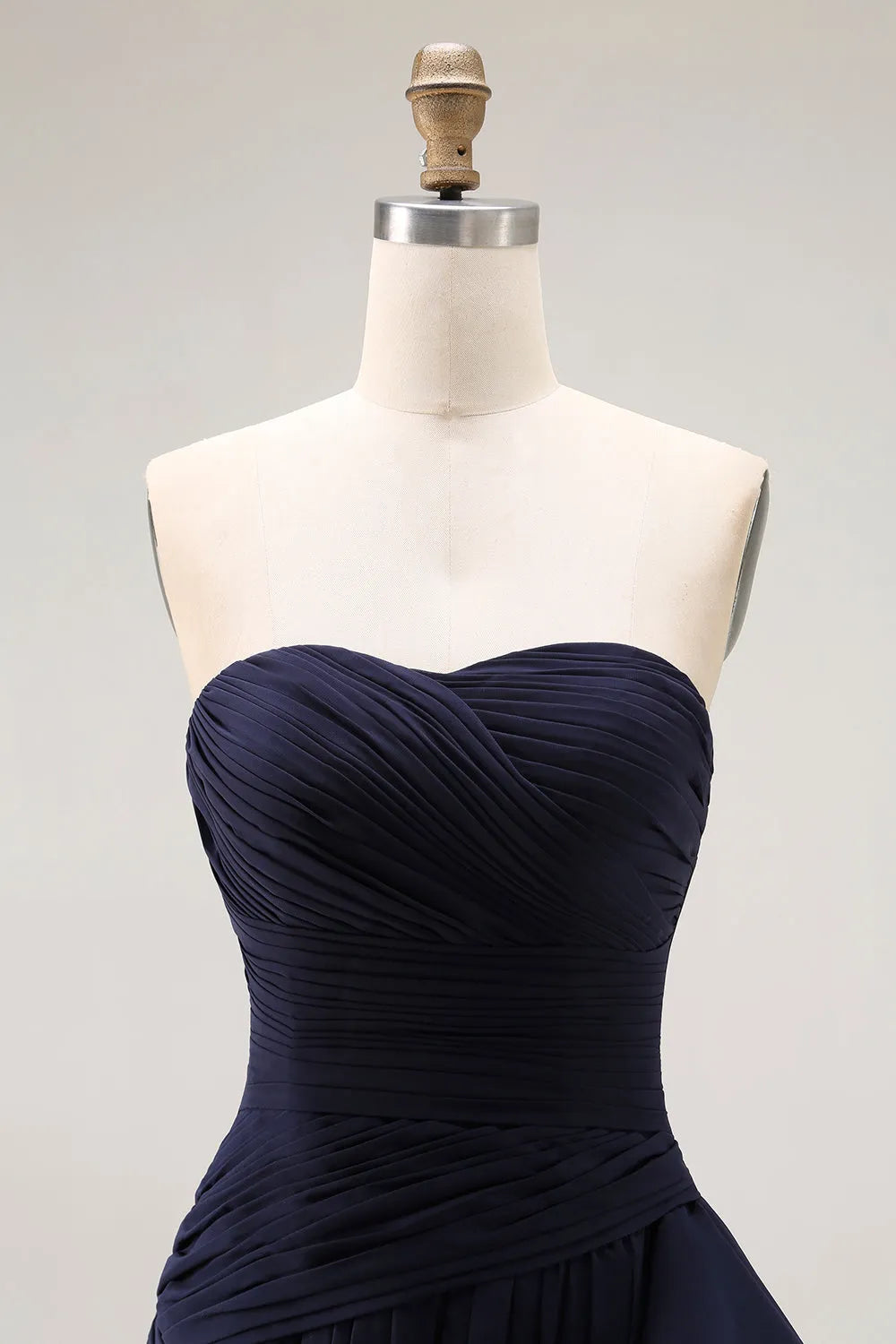 Elegant Navy Mermaid Strapless Sleeveless Ruched Ruffle Embellished High-Slit Chiffon Floor-Length Prom Dresses with Side Cape