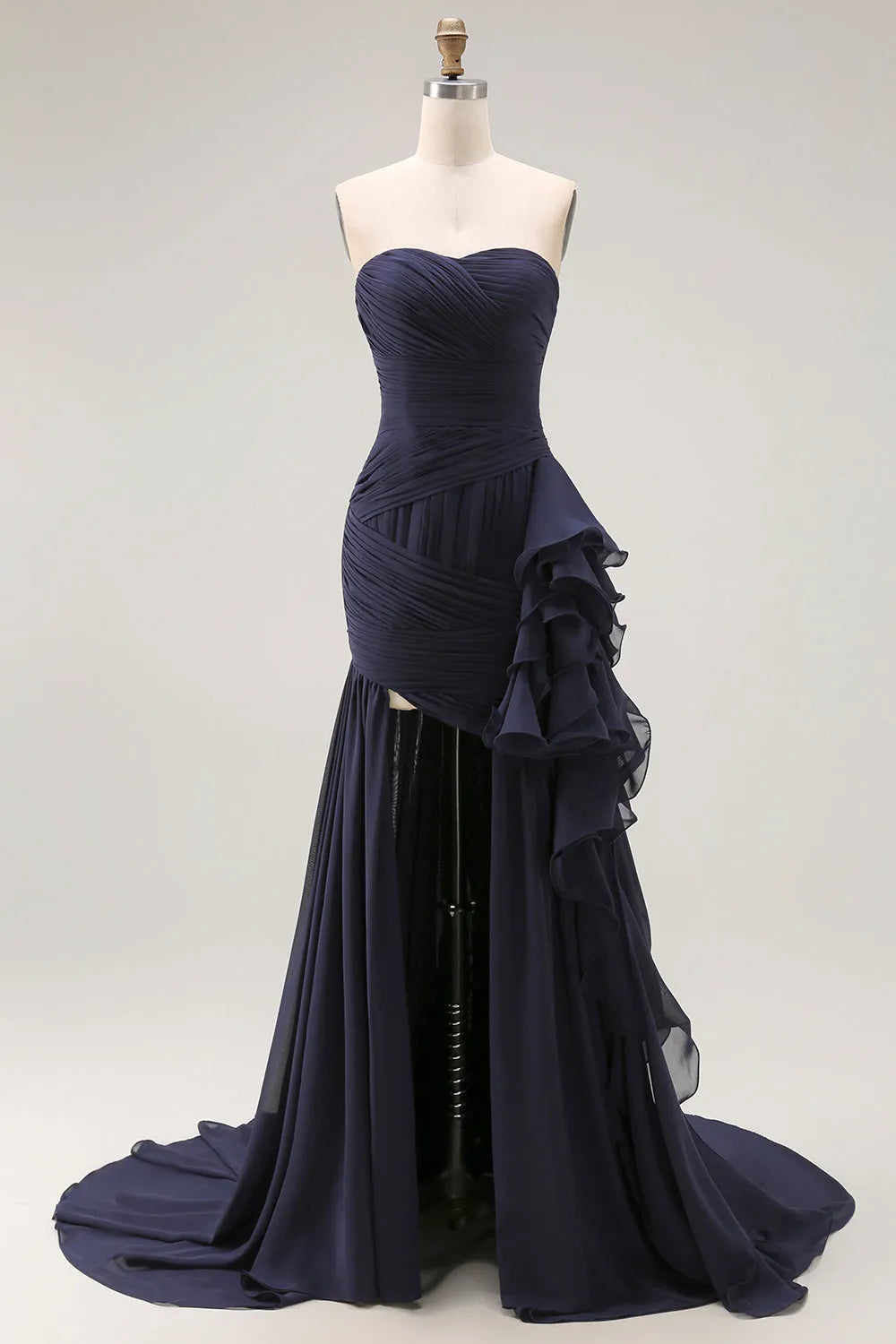 Elegant Navy Mermaid Strapless Sleeveless Ruched Ruffle Embellished High-Slit Chiffon Floor-Length Prom Dresses with Side Cape