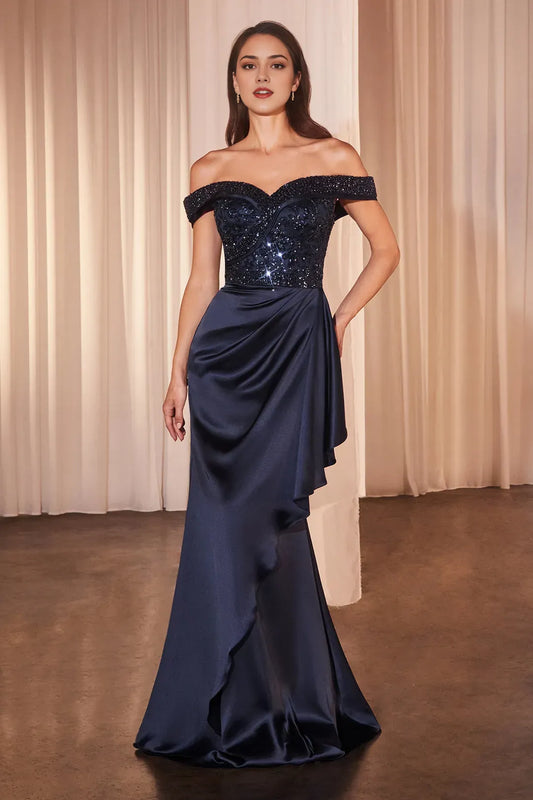 Elegant Navy Satin sweetheart Off the shoulder Beaded Embellishments Backless zipper Floor length prom dress for women hot sale
