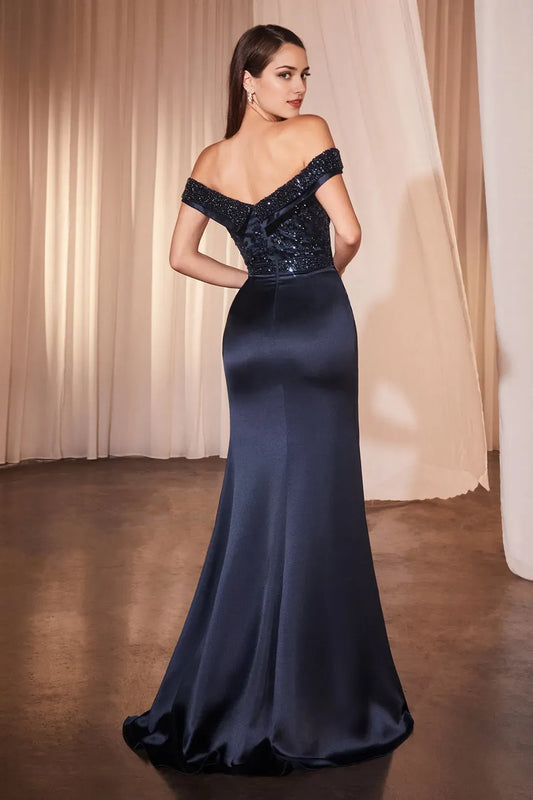 Elegant Navy Satin sweetheart Off the shoulder Beaded Embellishments Backless zipper Floor length prom dress for women hot sale