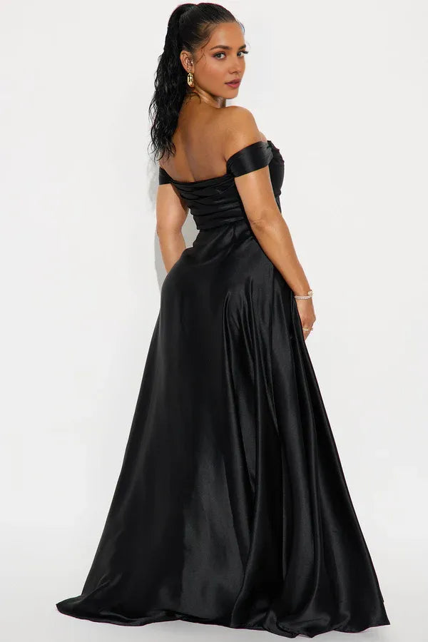 Elegant Navy Sheath Off-Shoulder Sleeveless Back Zip Draped Satin Slit Floor-Length Prom Dresses