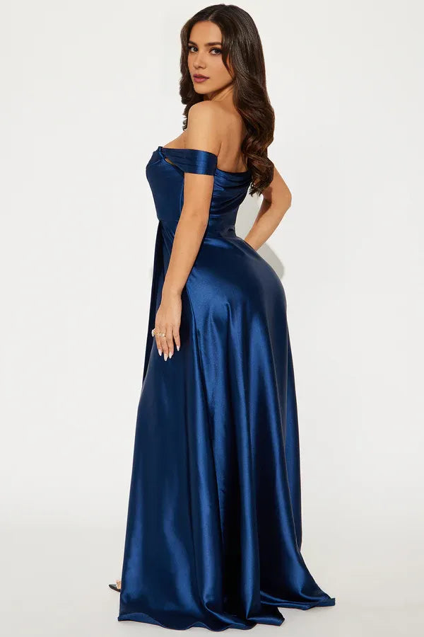 Elegant Navy Sheath Off-Shoulder Sleeveless Back Zip Draped Satin Slit Floor-Length Prom Dresses