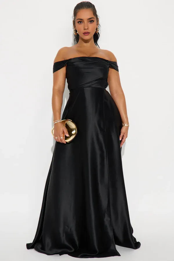 Elegant Navy Sheath Off-Shoulder Sleeveless Back Zip Draped Satin Slit Floor-Length Prom Dresses
