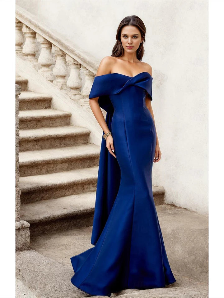 Elegant Off-the-Shoulder Oversized Flounce Satin Mermaid Prom Dress with Back Bow Detail in Royal Blue