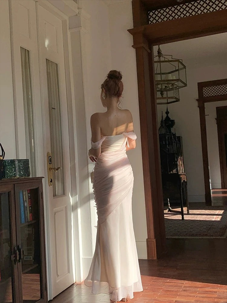 Elegant Off Shoulder Ruched Tulle 3D Floral Applique Mermaid Maxi Prom Dress