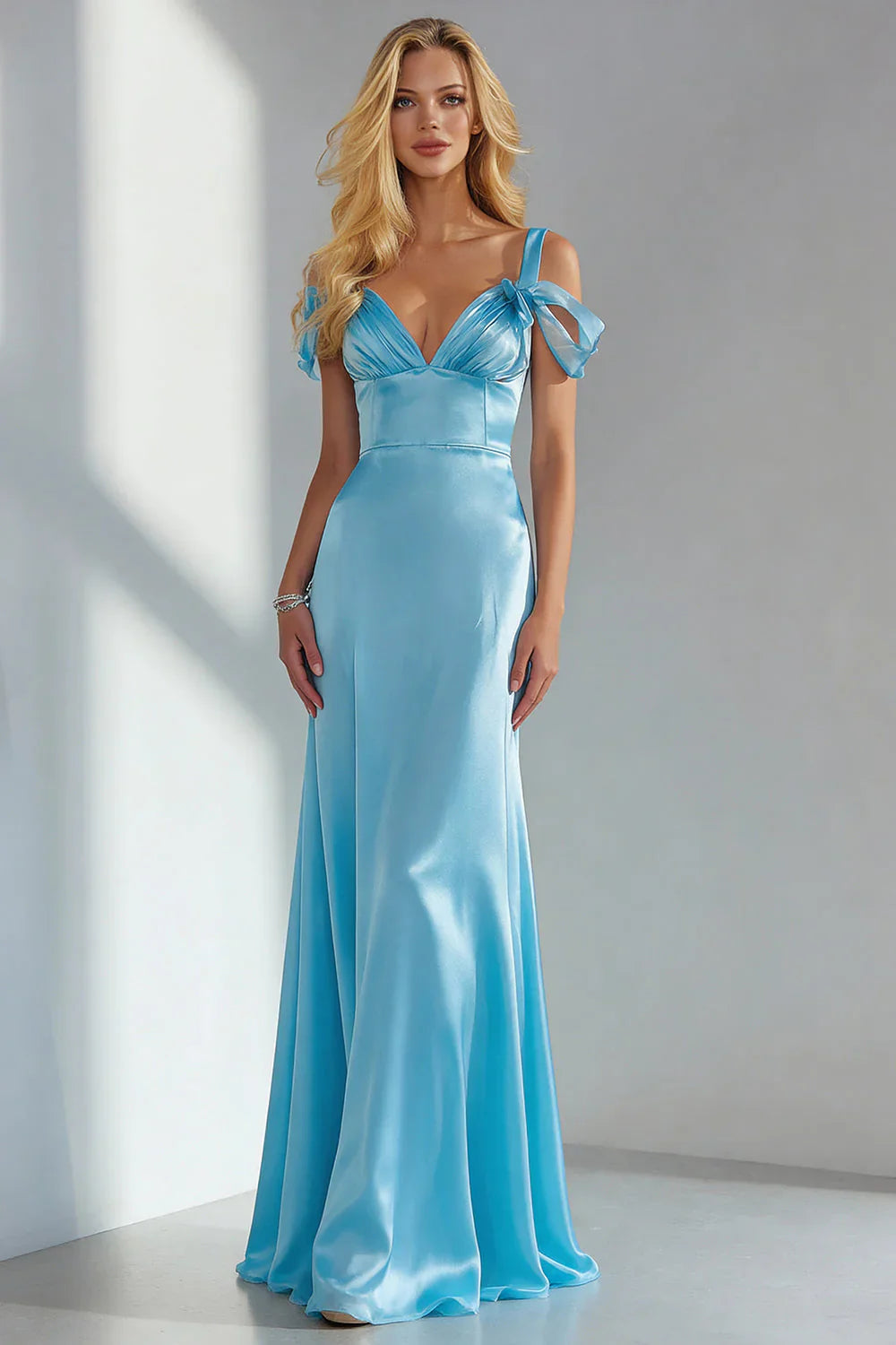 Elegant Off The Shoulder Bow Strap Deep V Neck Satin Mermaid Backless Prom Dress