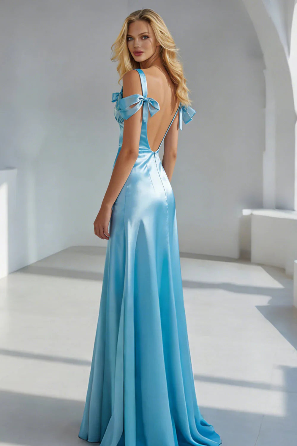 Elegant Off The Shoulder Bow Strap Deep V Neck Satin Mermaid Backless Prom Dress