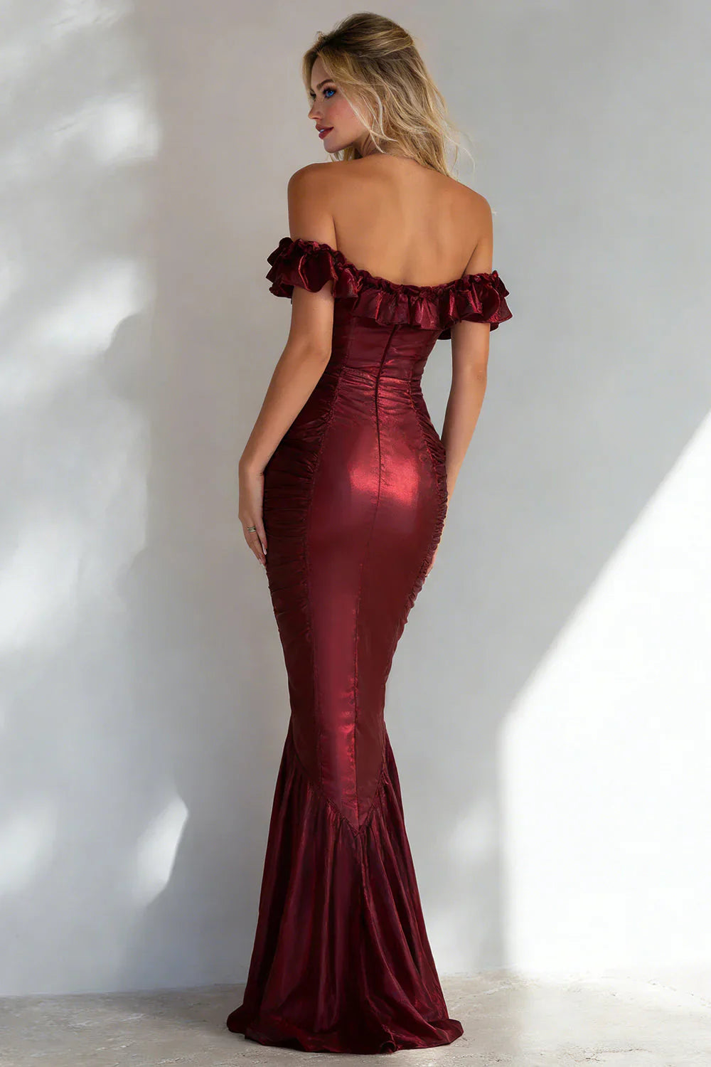 Elegant Off The Shoulder Ruffle Trim Ruched Metallic Satin Mermaid Prom Dress