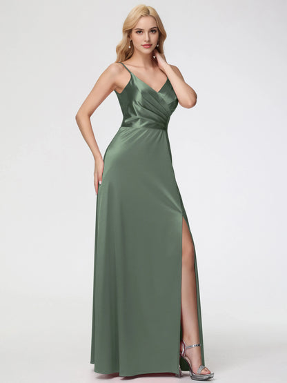 Elegant Olive Green A-Line V-Neck Pleats Satin Prom Dress with Spaghetti Straps Wrap Front Bodice and High Side Slit