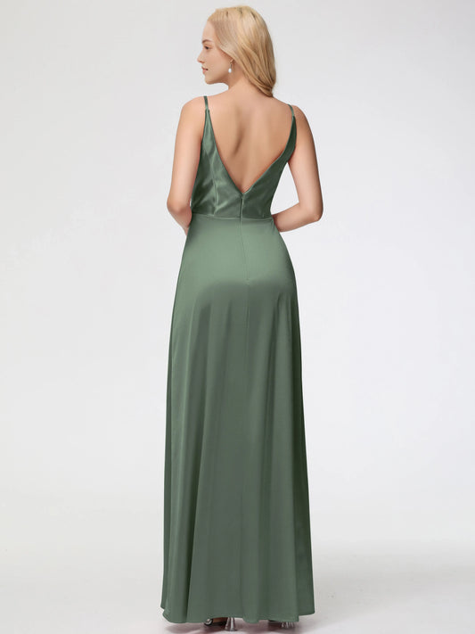 Elegant Olive Green A-Line V-Neck Pleats Satin Prom Dress with Spaghetti Straps Wrap Front Bodice and High Side Slit
