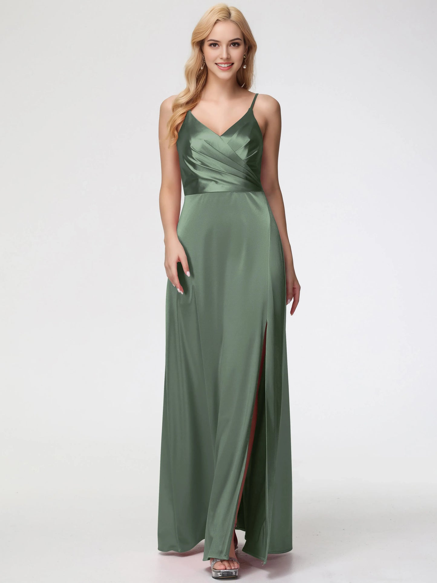 Elegant Olive Green A-Line V-Neck Pleats Satin Prom Dress with Spaghetti Straps Wrap Front Bodice and High Side Slit