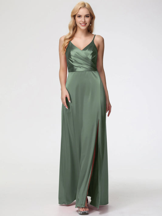 Elegant Olive Green A-Line V-Neck Pleats Satin Prom Dress with Spaghetti Straps Wrap Front Bodice and High Side Slit