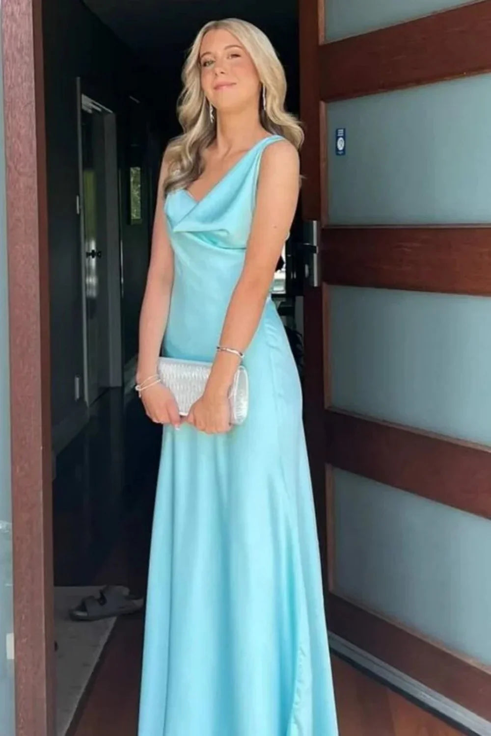 Elegant One Shoulder Cowl Neck Satin Backless Tie Maxi Prom Dress