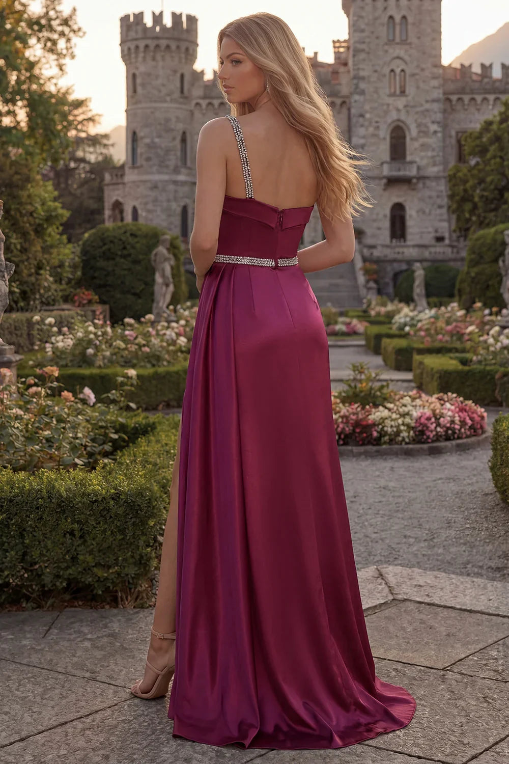 Elegant One Shoulder Rhinestone Embellished Satin Ruched Waist High Slit Maxi Prom Dress