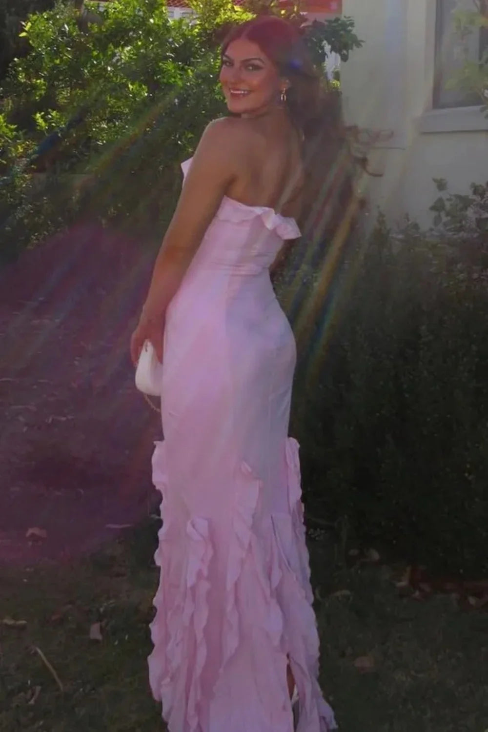 Elegant One Shoulder Ruffle Trim Mermaid Maxi Prom Dress