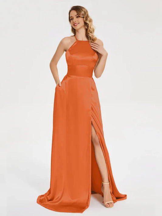 Elegant Orange Satin Halter Neck Spaghetti Straps Soft Satin Prom Dress with High Slit