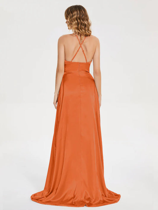 Elegant Orange Satin Halter Neck Spaghetti Straps Soft Satin Prom Dress with High Slit