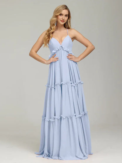 Elegant Royal_Blue Tiered Backless V-neck Prom Dress with Spaghetti Straps and Ruffled Details