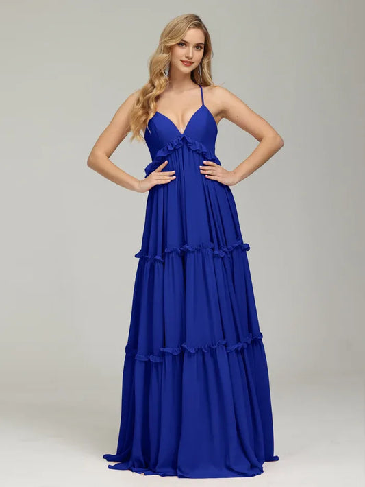 Elegant Royal_Blue Tiered Backless V-neck Prom Dress with Spaghetti Straps and Ruffled Details