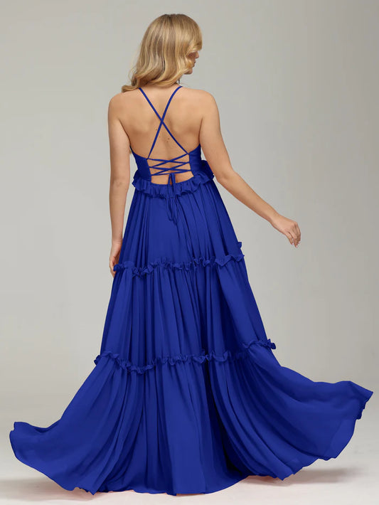 Elegant Royal_Blue Tiered Backless V-neck Prom Dress with Spaghetti Straps and Ruffled Details