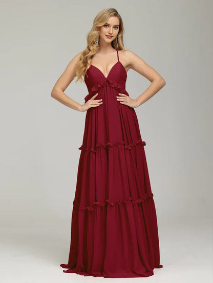 Elegant Royal_Blue Tiered Backless V-neck Prom Dress with Spaghetti Straps and Ruffled Details