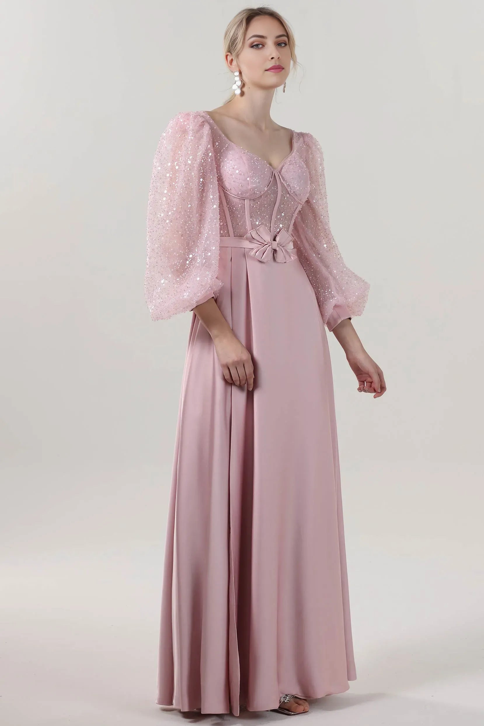 Elegant Pastel Pink A-Line Square Neck Puff Sleeves Back Zip Floor-Length Satin Prom Dresses Glitter With Bow Accent
