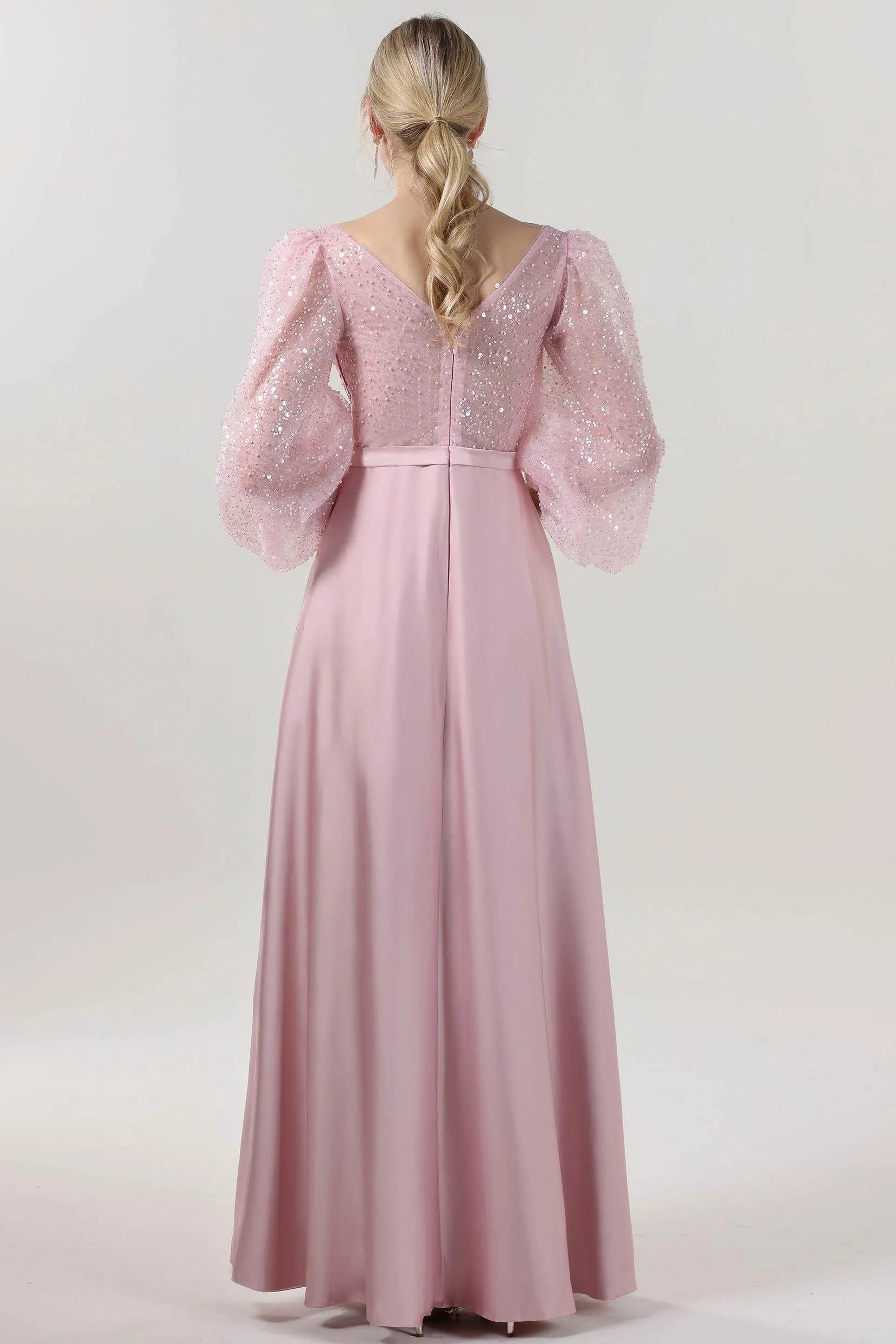 Elegant Pastel Pink A-Line Square Neck Puff Sleeves Back Zip Floor-Length Satin Prom Dresses Glitter With Bow Accent