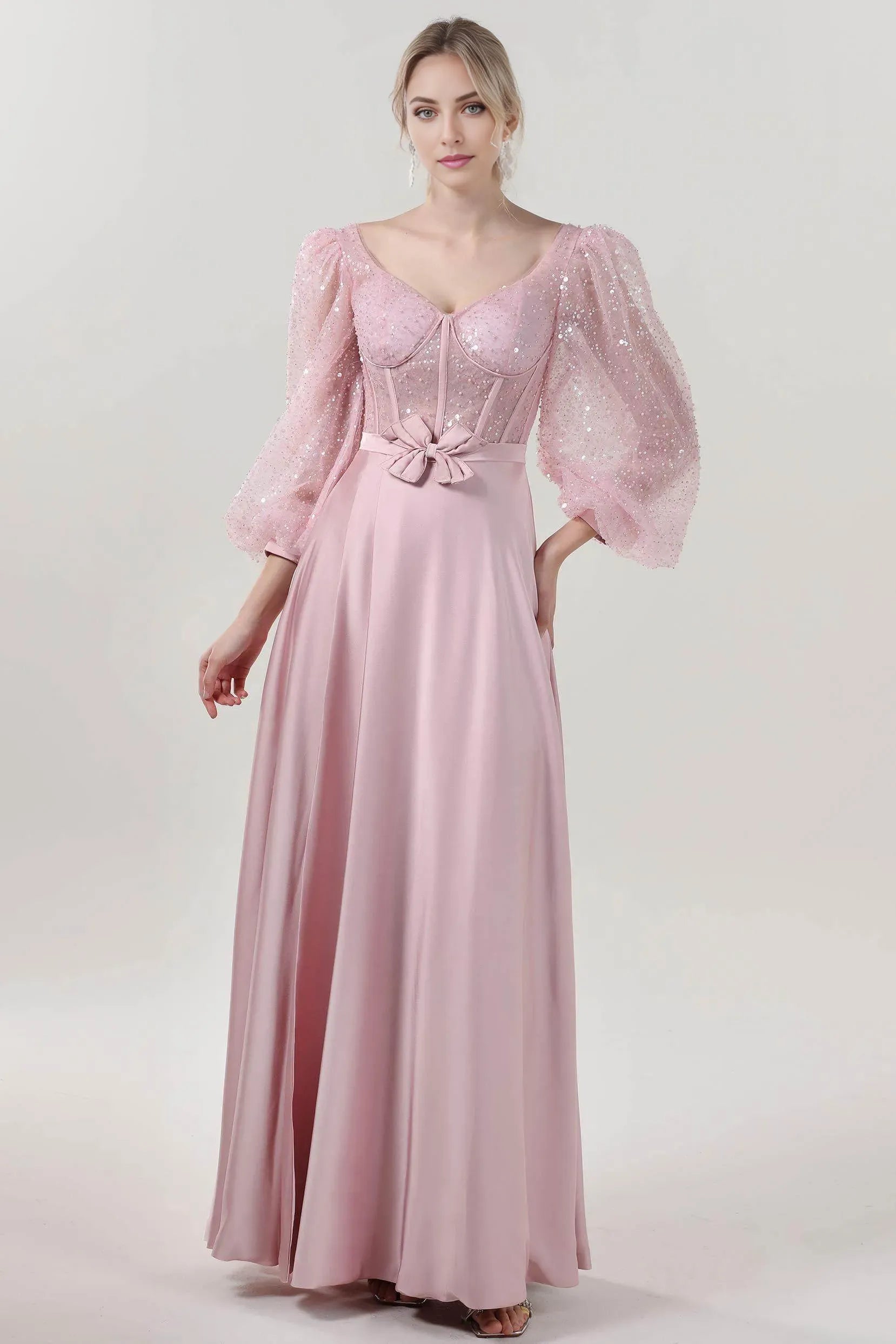 Elegant Pastel Pink A-Line Square Neck Puff Sleeves Back Zip Floor-Length Satin Prom Dresses Glitter With Bow Accent