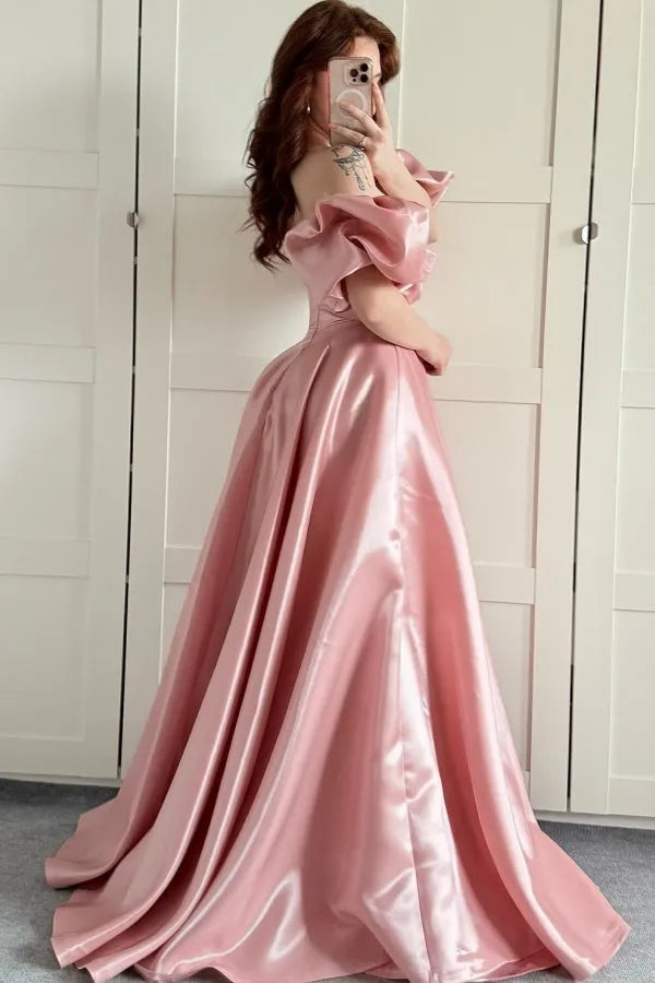 Elegant Pink A-Line Off -Shoulder Puff Sleeve Satin Lace Up Floor -Length Prom Dress Hot Sale