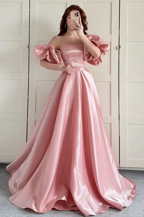 Elegant Pink A-Line Off -Shoulder Puff Sleeve Satin Lace Up Floor -Length Prom Dress Hot Sale