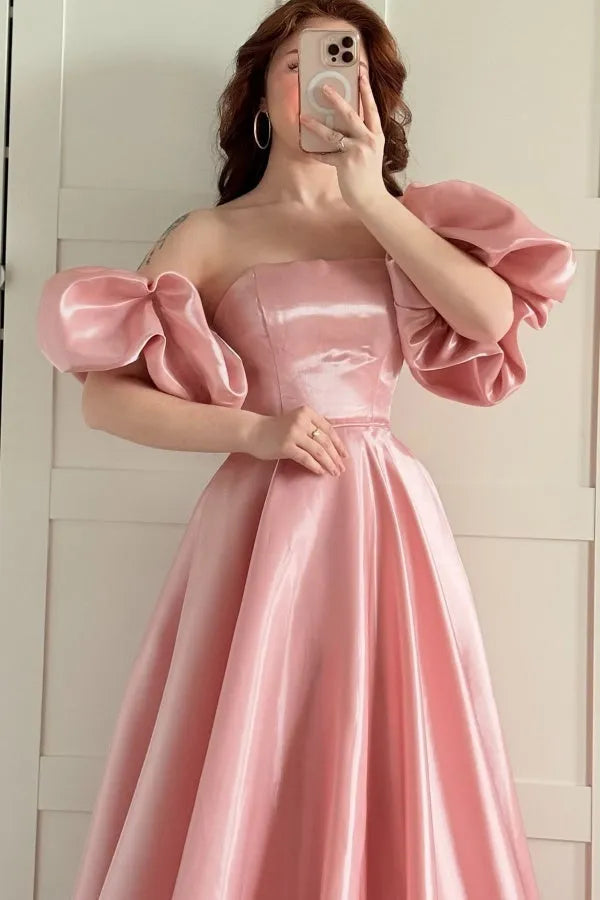 Elegant Pink A-Line Off -Shoulder Puff Sleeve Satin Lace Up Floor -Length Prom Dress Hot Sale
