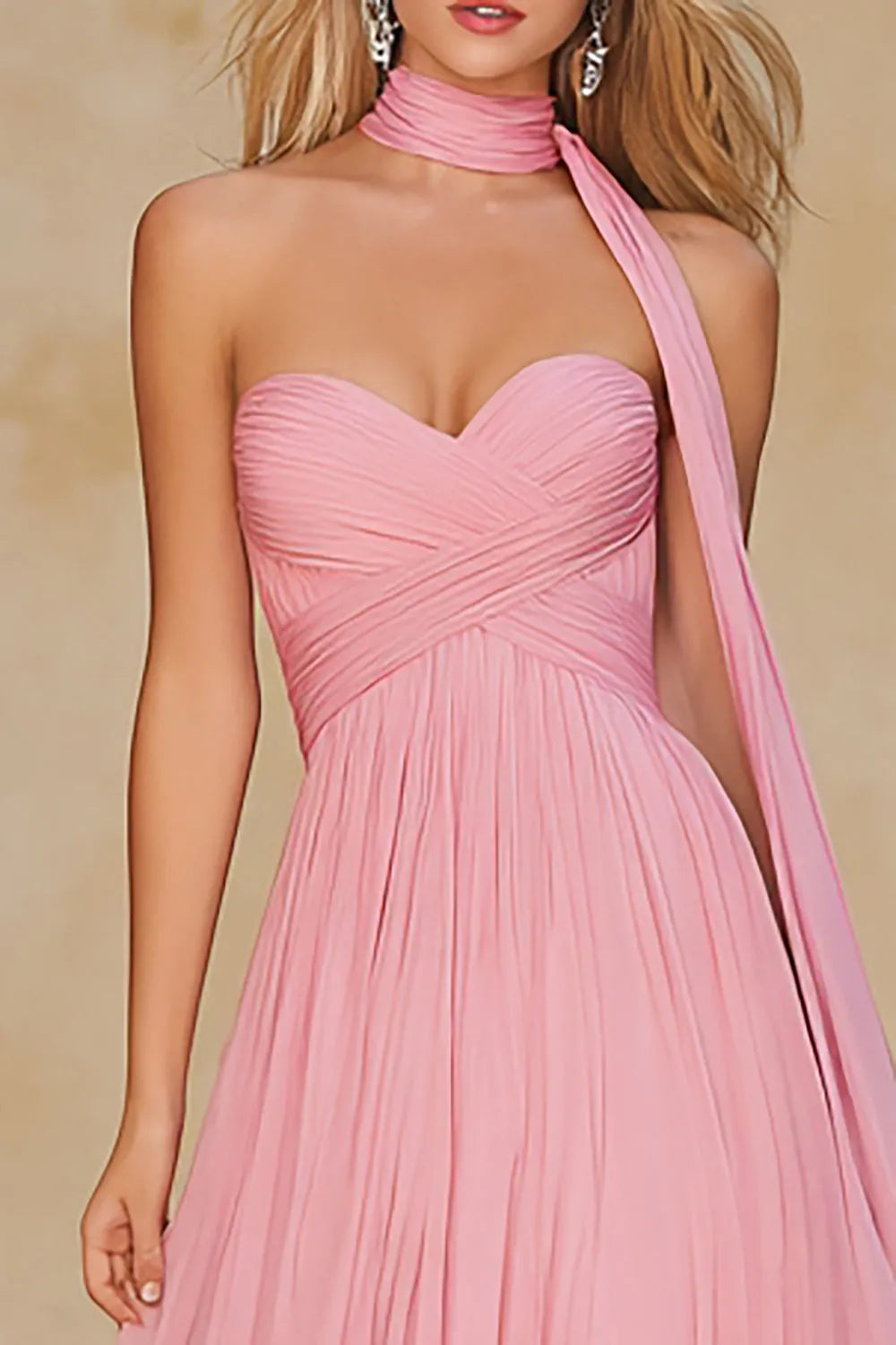Elegant Pink A-Line Sweetheart Neck Strapless Back Zip Ruched Floor-Length Chiffon Prom Dress with Scarf