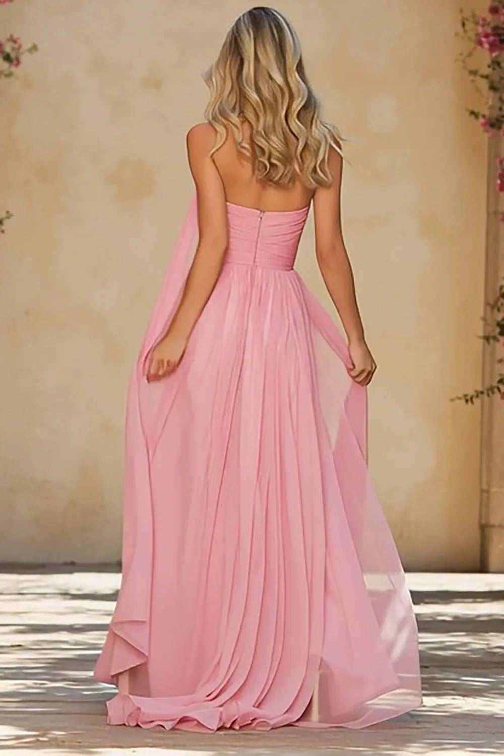 Elegant Pink A-Line Sweetheart Neck Strapless Back Zip Ruched Floor-Length Chiffon Prom Dress with Scarf