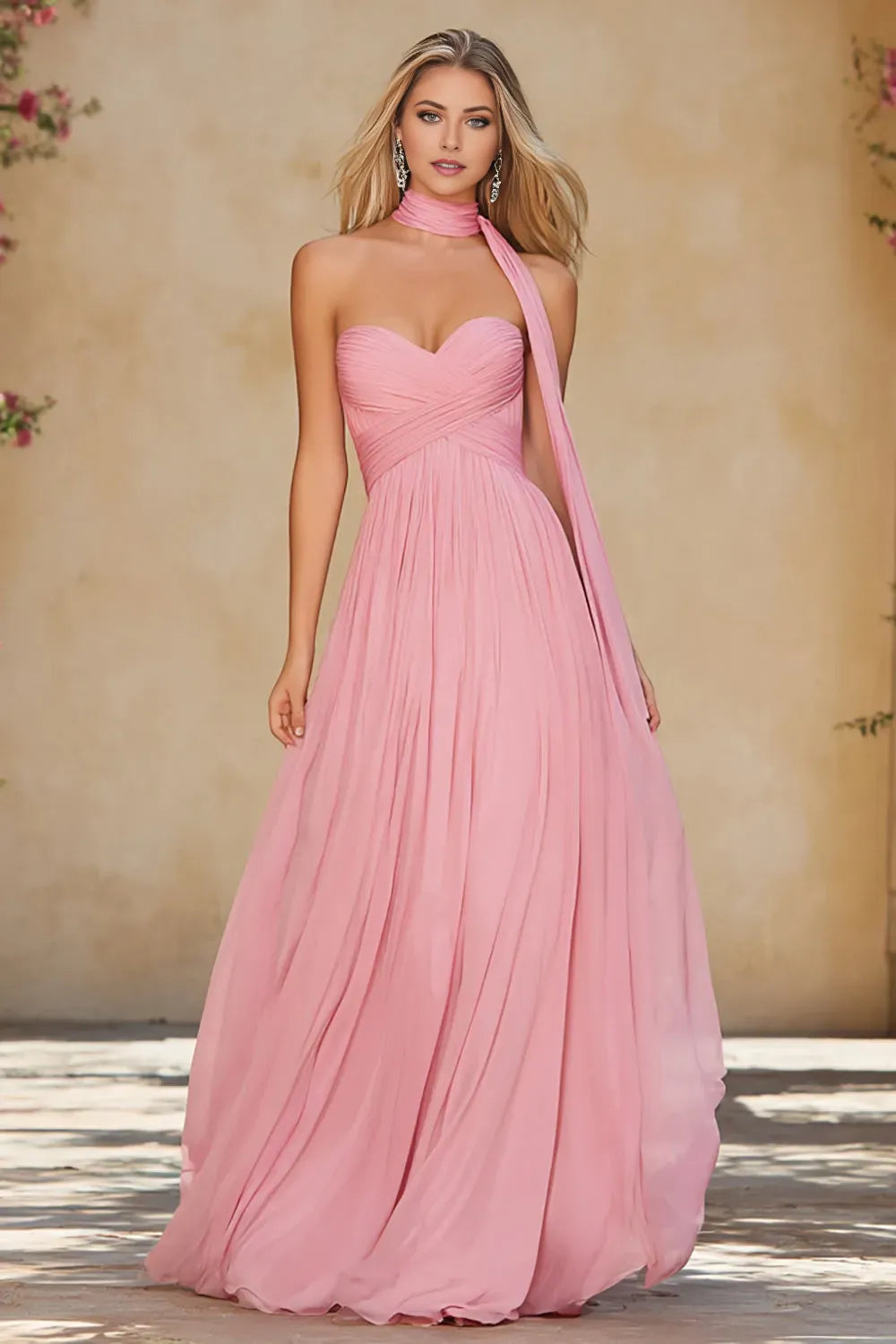 Elegant Pink A-Line Sweetheart Neck Strapless Back Zip Ruched Floor-Length Chiffon Prom Dress with Scarf
