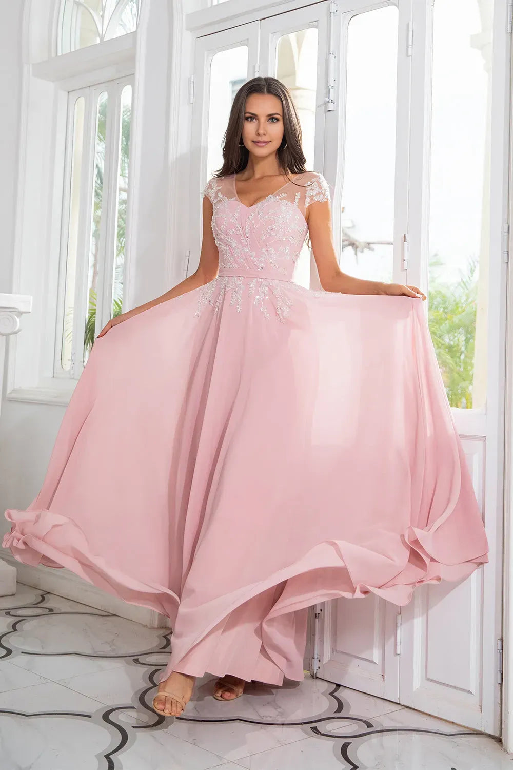 Elegant Pink Beaded Chiffon Embroidered Mesh Cap Sleeve A-Line Mother of the Bride Dress