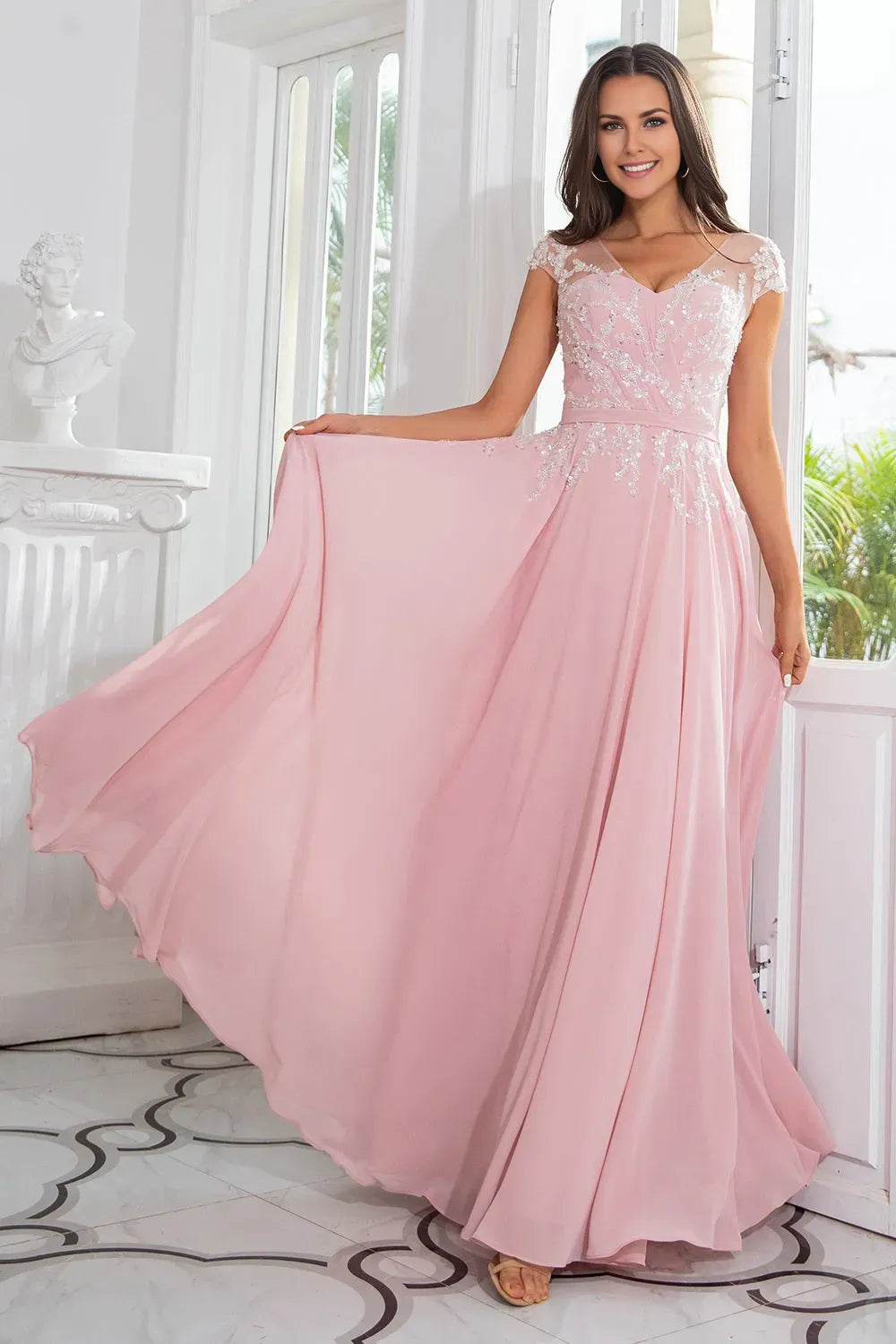Elegant Pink Beaded Chiffon Embroidered Mesh Cap Sleeve A-Line Mother of the Bride Dress