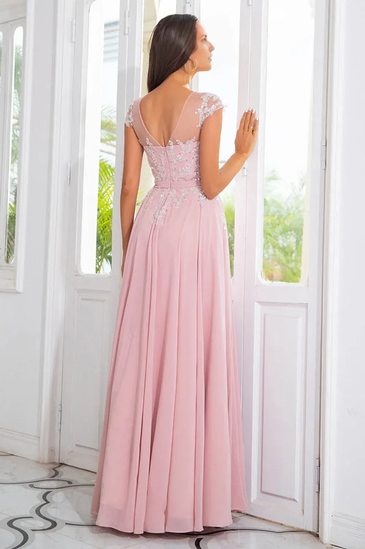 Elegant Pink Beaded Chiffon Embroidered Mesh Cap Sleeve A-Line Mother of the Bride Dress