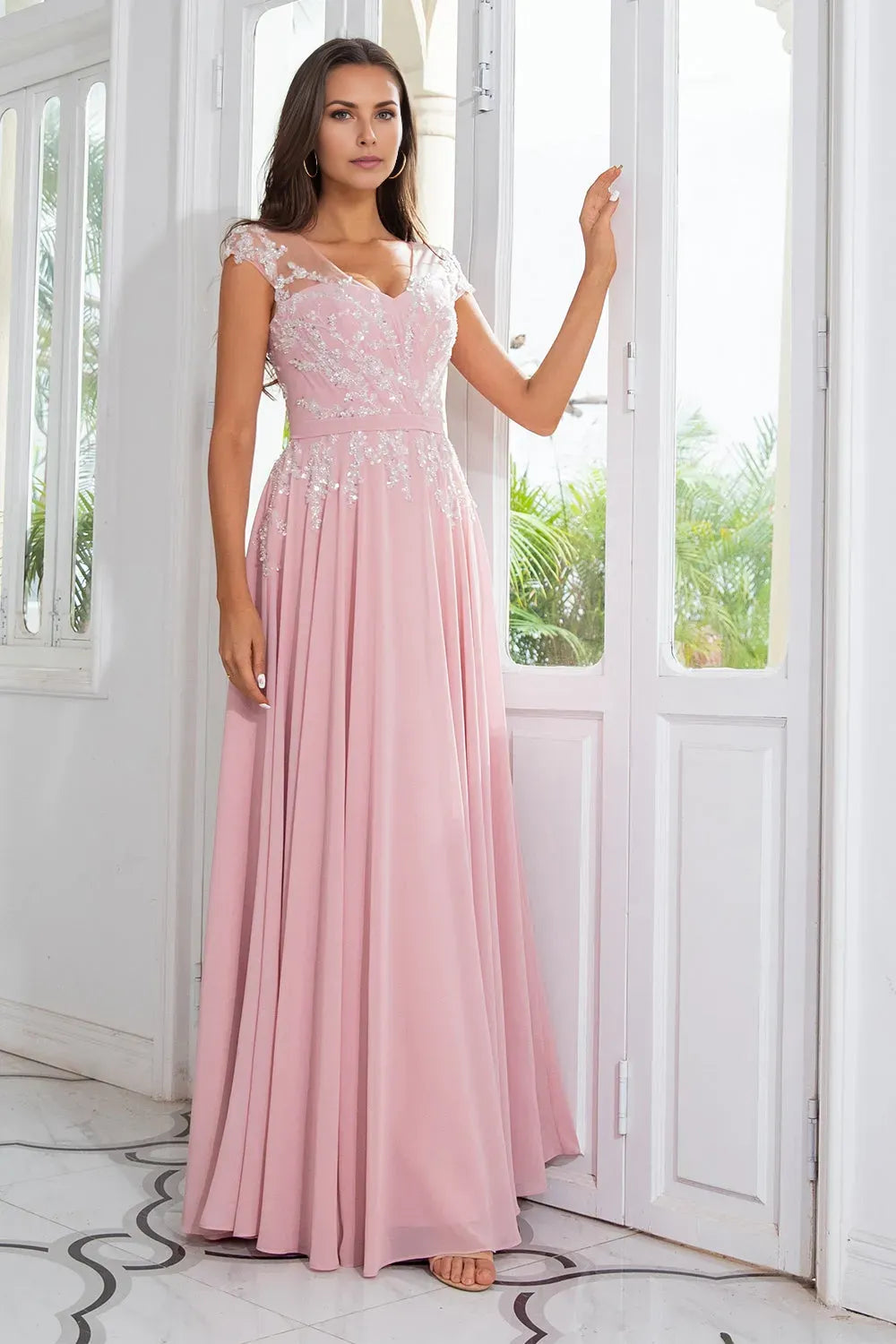 Elegant Pink Beaded Chiffon Embroidered Mesh Cap Sleeve A-Line Mother of the Bride Dress