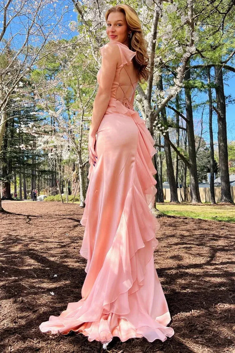 Elegant Pink Mermaid Square Neck Ruffle sleeves Crisscross Back Lace-Up High-Slit Floor-Length Prom Dresses With Ruffle Hem