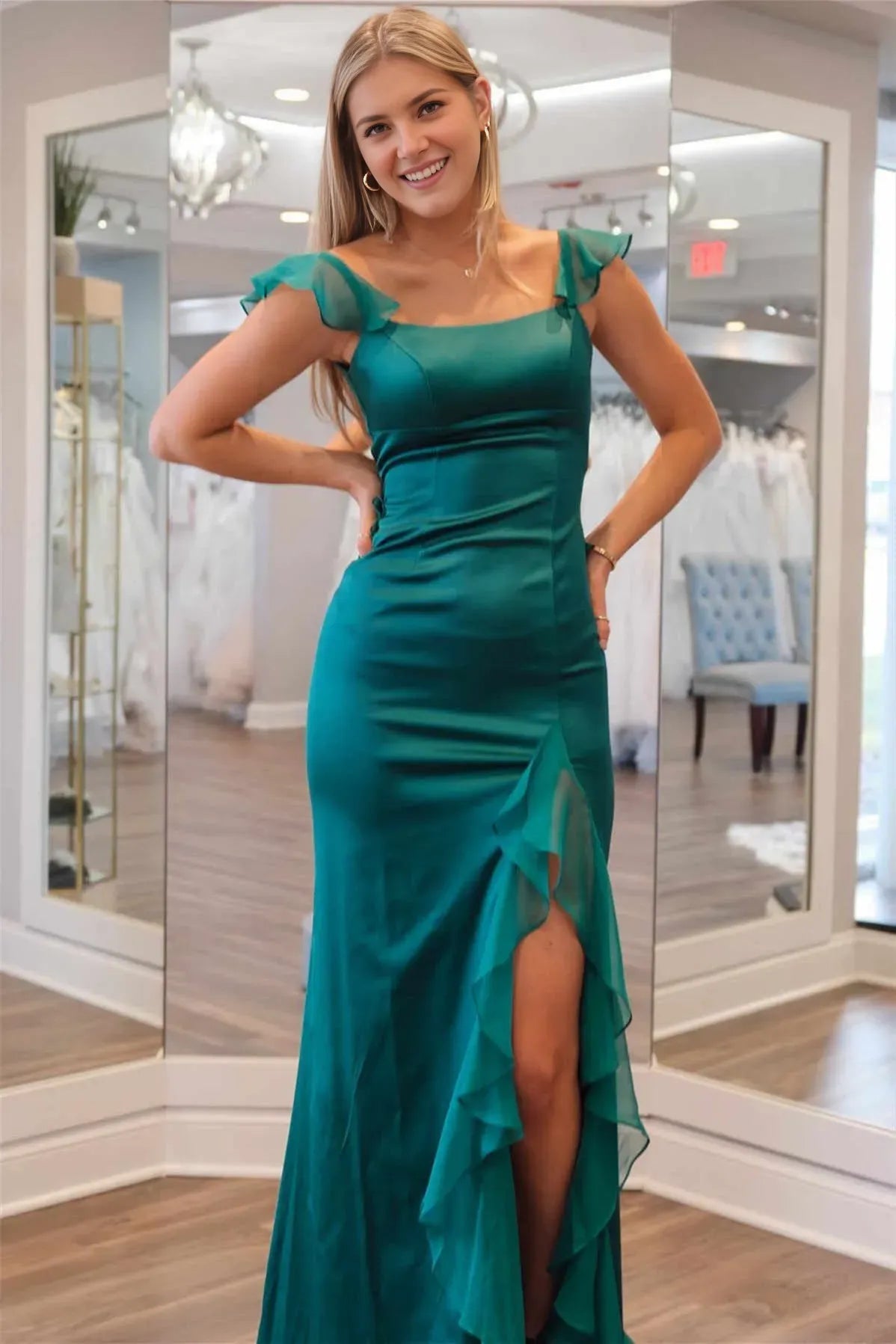 Elegant Pink Mermaid Square Neck Ruffle sleeves Crisscross Back Lace-Up High-Slit Floor-Length Prom Dresses With Ruffle Hem