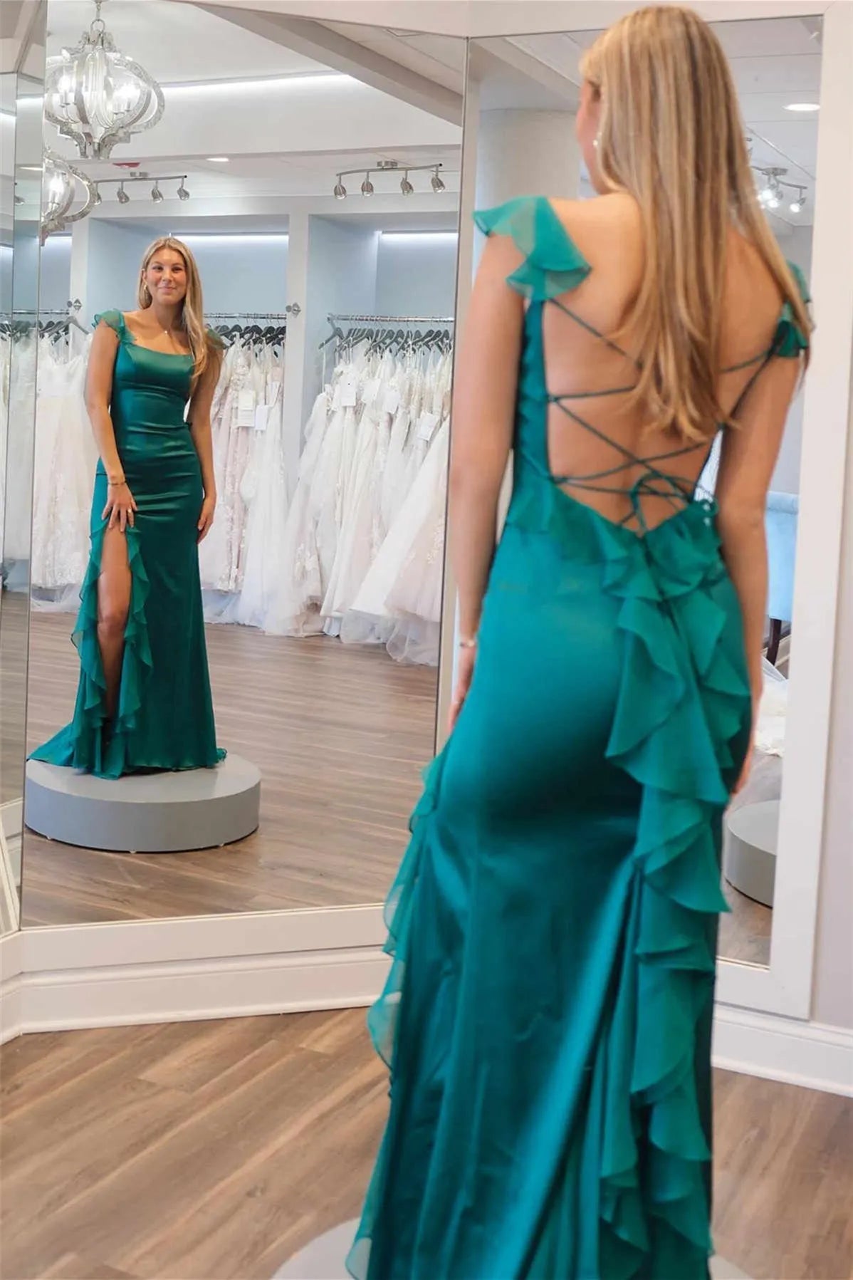 Elegant Pink Mermaid Square Neck Ruffle sleeves Crisscross Back Lace-Up High-Slit Floor-Length Prom Dresses With Ruffle Hem
