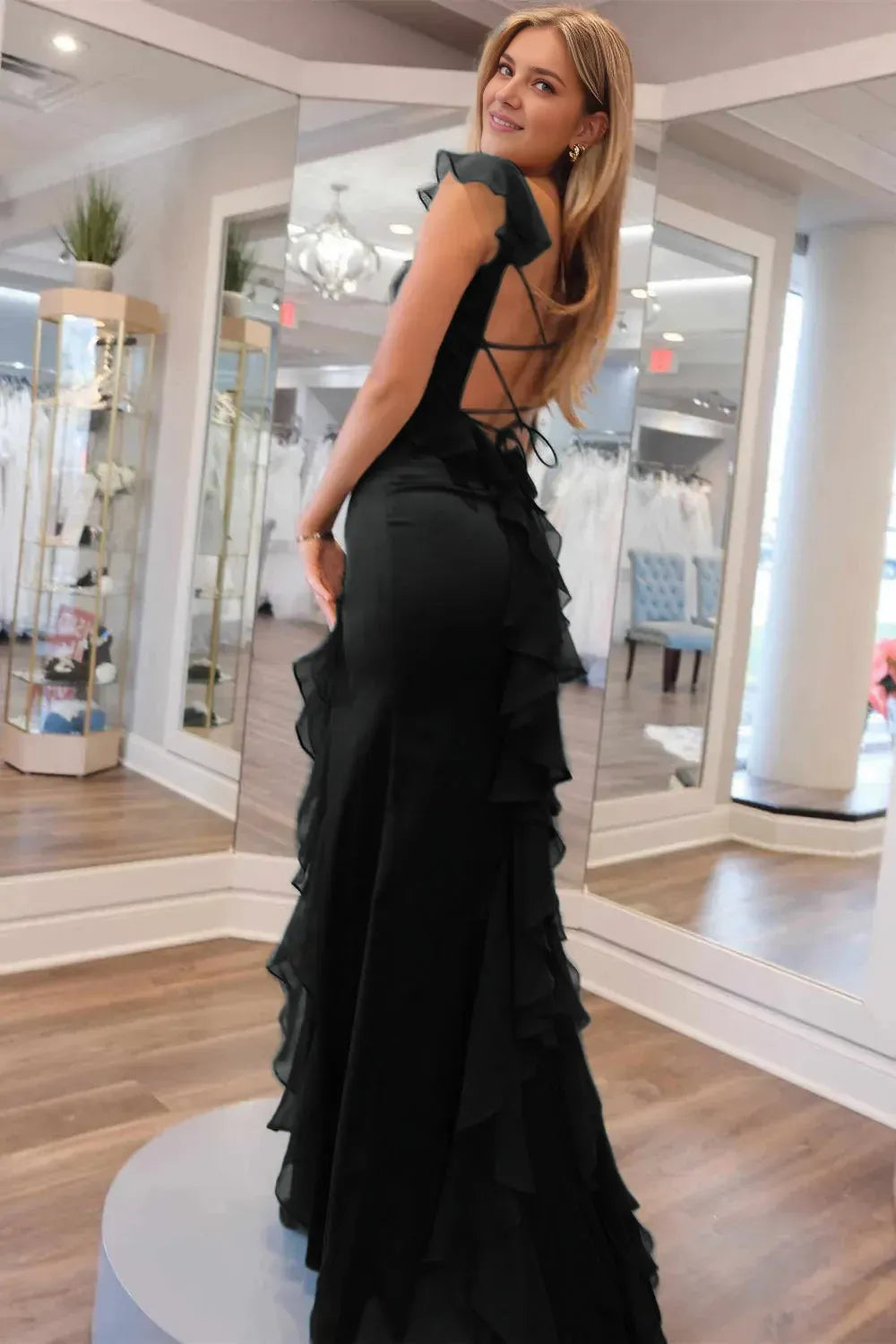 Elegant Pink Mermaid Square Neck Ruffle sleeves Crisscross Back Lace-Up High-Slit Floor-Length Prom Dresses With Ruffle Hem