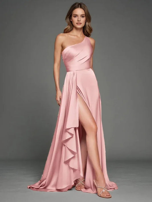 Elegant Pink Satin  Prom Dresses One Shoulder Sleeveless A Line Ruffles Maxi With Slit