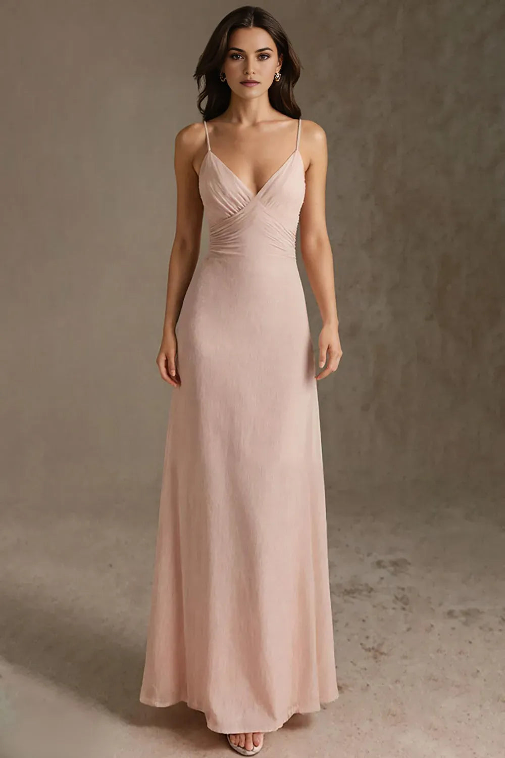 Elegant Pink Sheath V-Neck Spaghetti-Straps Sleeveless Backless Ankle-Length Prom Dresses