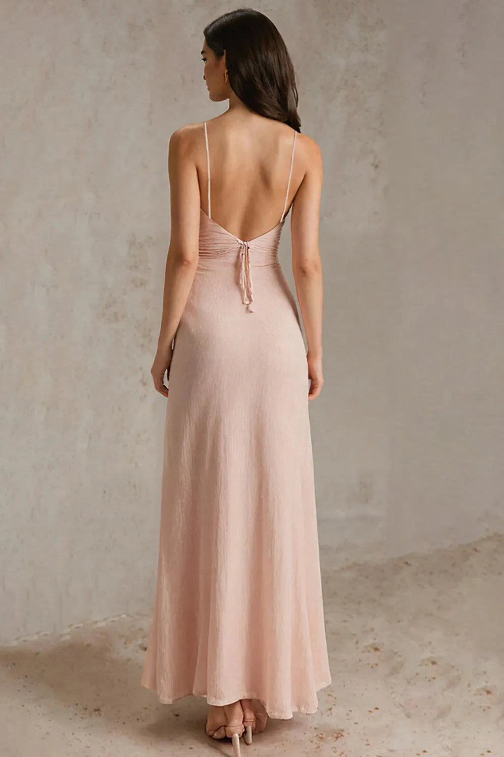 Elegant Pink Sheath V-Neck Spaghetti-Straps Sleeveless Backless Ankle-Length Prom Dresses