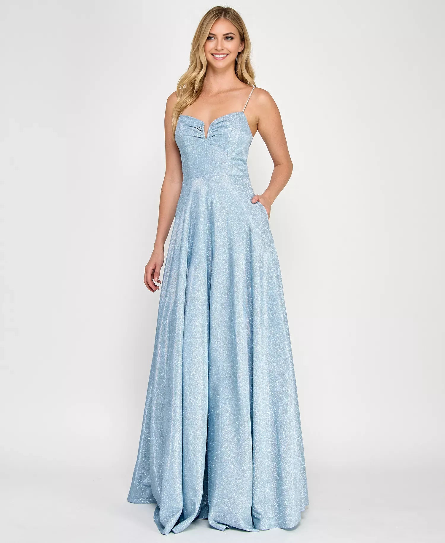 Elegant Powder Blue A-Line V -Neck Spaghetti Strap Back Zip Floor-Length Glitter Prom Dress